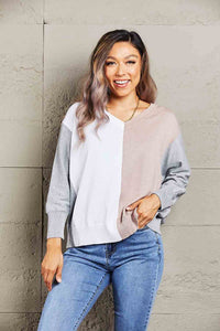 Color Block V-Neck Ribbed Trim Sweater - Pahabu - Women's Clothing & Shop