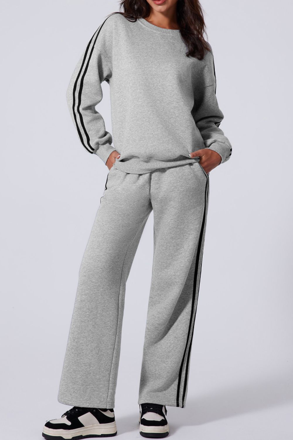 Side Striped Round Neck Top and Pants Active Set - Pahabu - Women's Clothing & Shop