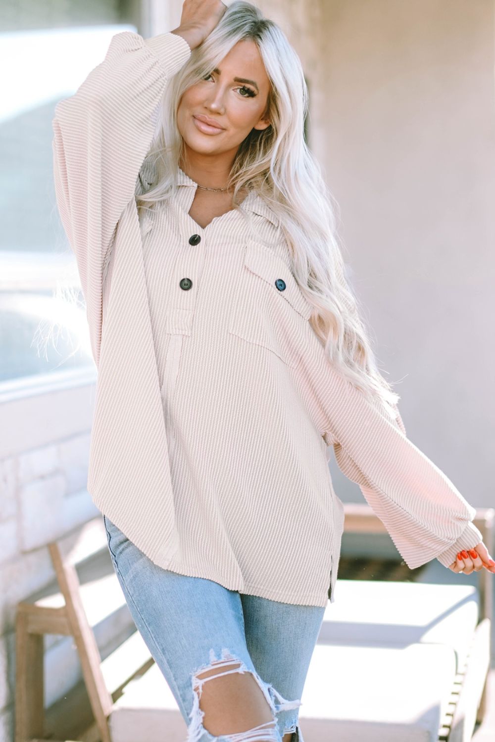 Collared Neck Half Button Long Sleeve Blouse - Pahabu - Women's Clothing & Shop