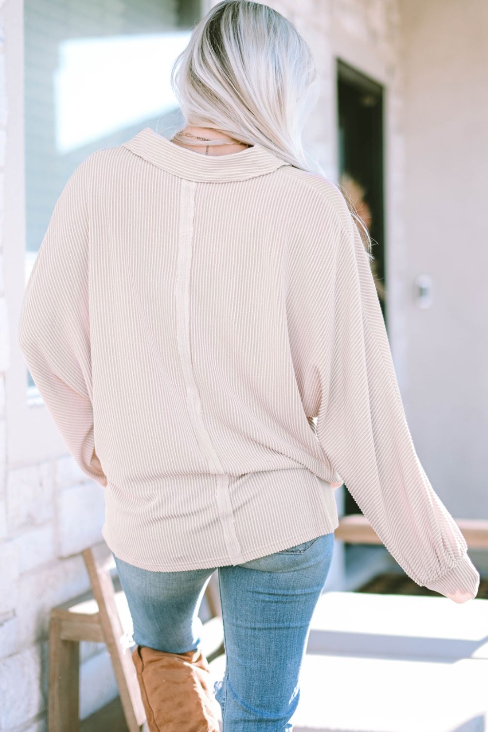 Collared Neck Half Button Long Sleeve Blouse - Pahabu - Women's Clothing & Shop
