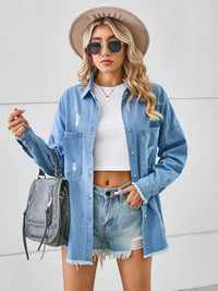 Distressed Raw Hem Dropped Shoulder Denim Jacket - Pahabu - Women's Clothing & Shop