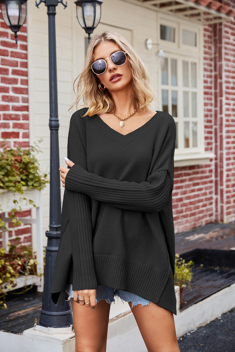 V-Neck Slit Exposed Seam Sweater - Pahabu - Women's Clothing & Shop