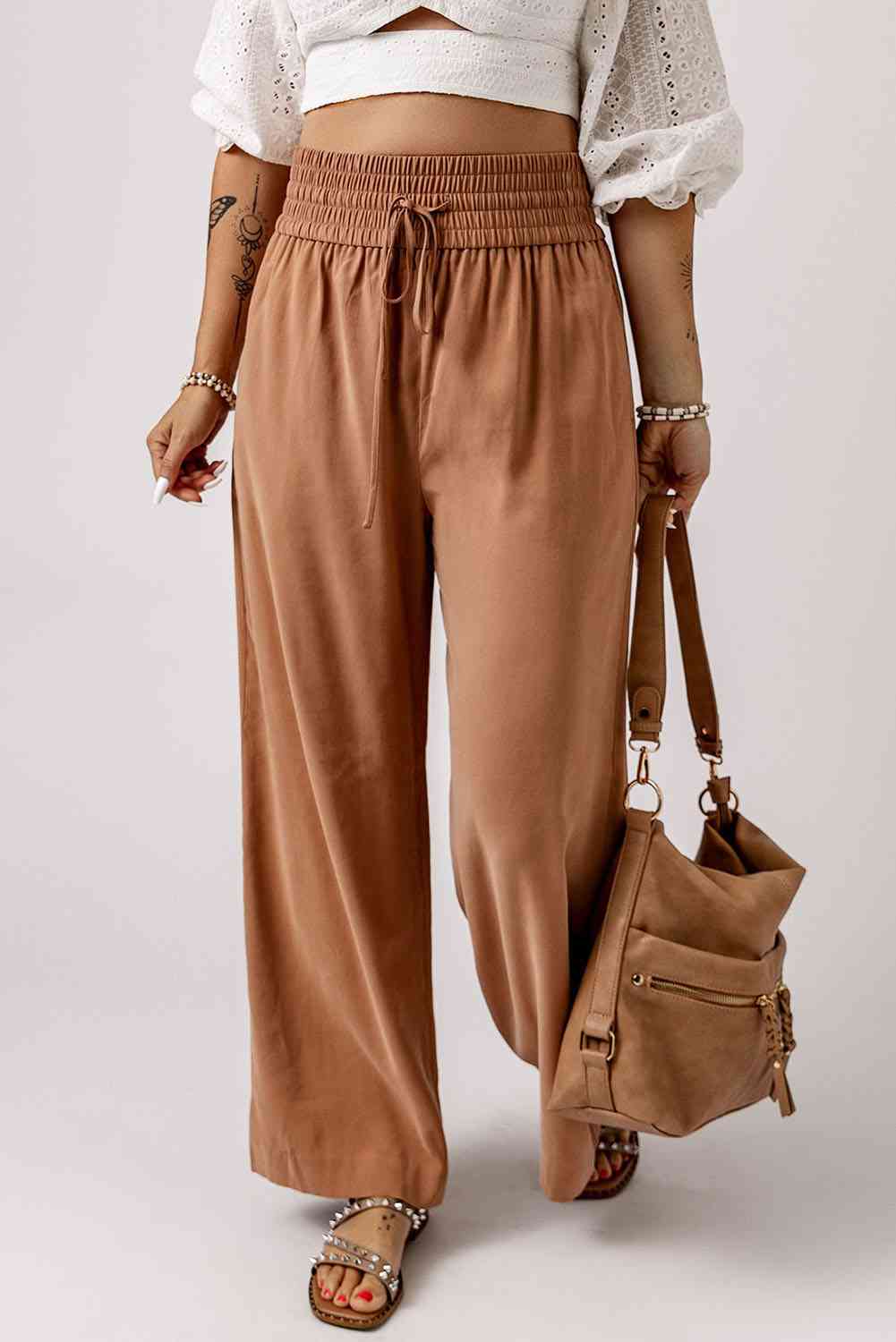 Drawstring Smocked Waist Wide Leg Pants - Pahabu - Women's Clothing & Shop