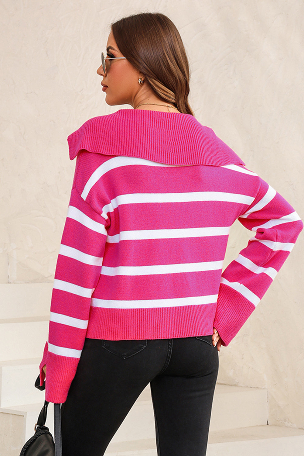 Striped Collared Neck Slit Sweater - Pahabu - Women's Clothing & Shop