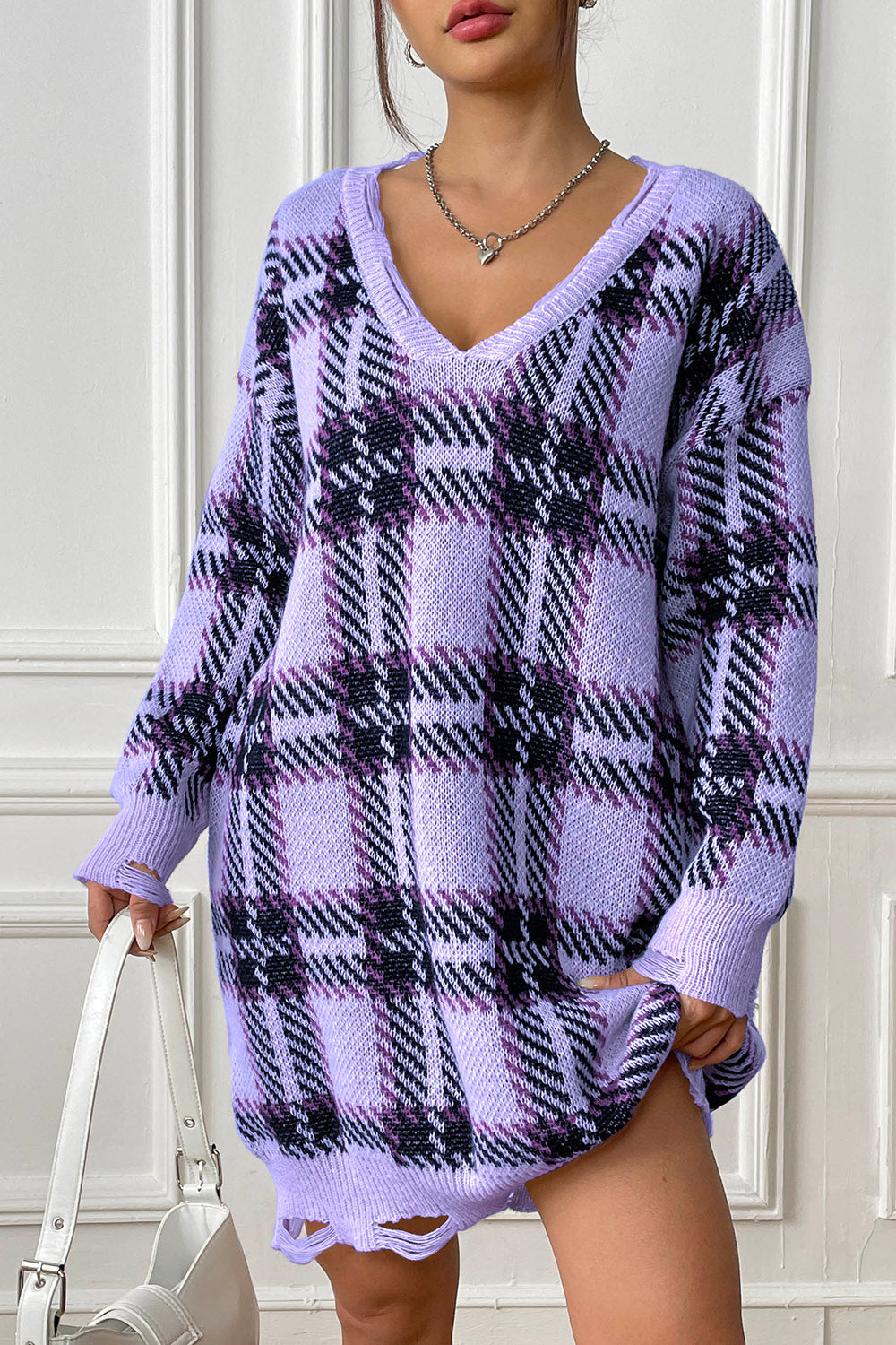 Plaid V-Neck Long Sleeve Sweater Dress - Pahabu - Women's Clothing & Shop