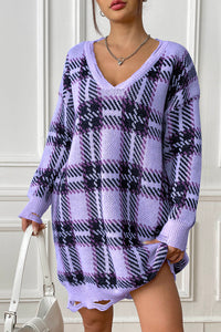 Plaid V-Neck Long Sleeve Sweater Dress - Pahabu - Women's Clothing & Shop