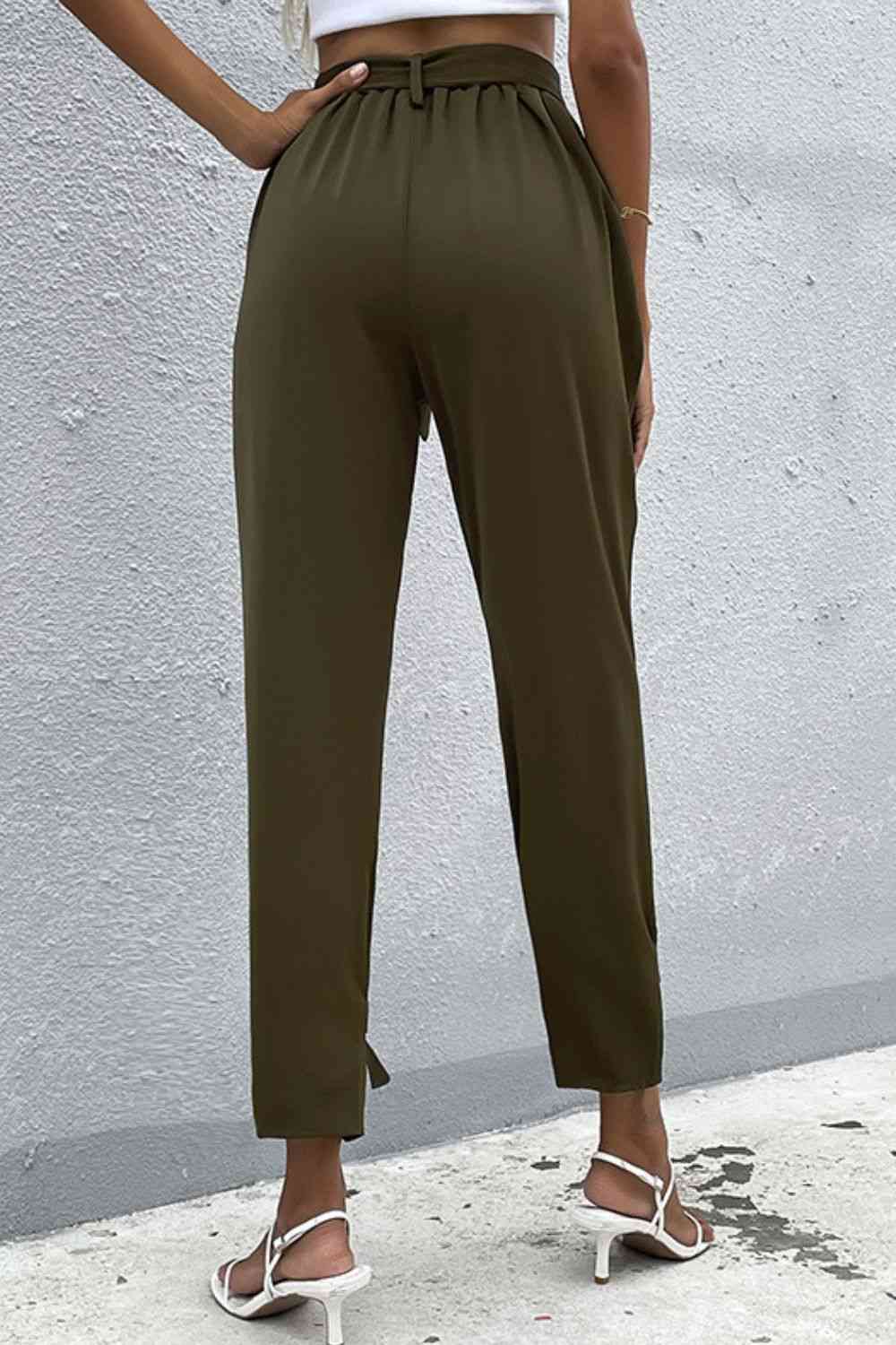 Perfee Tie Detail Belted Pants with Pockets - Pahabu - Women's Clothing & Shop
