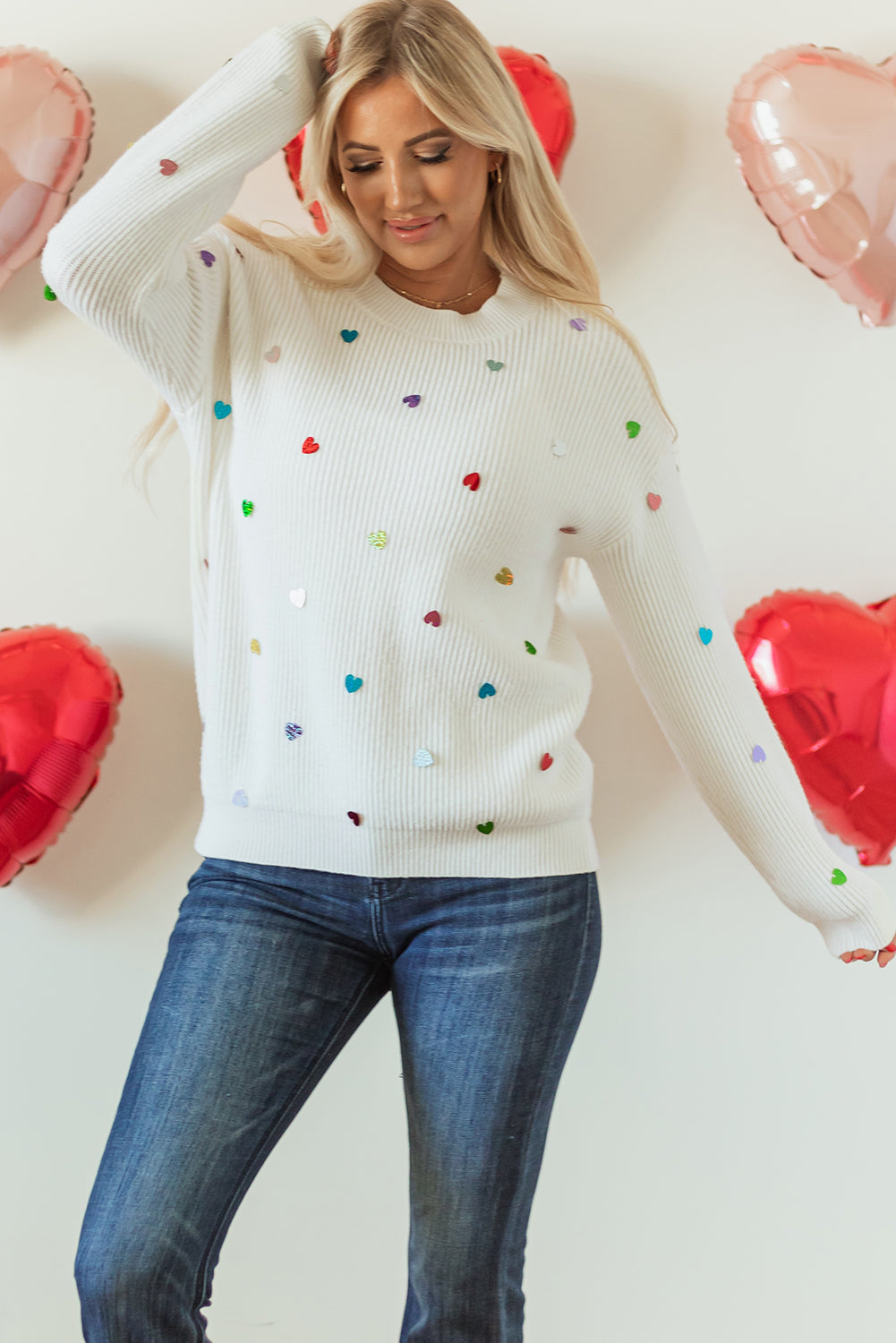 Heart Sequin Round Neck Long Sleeve Sweater - Pahabu - Women's Clothing & Shop