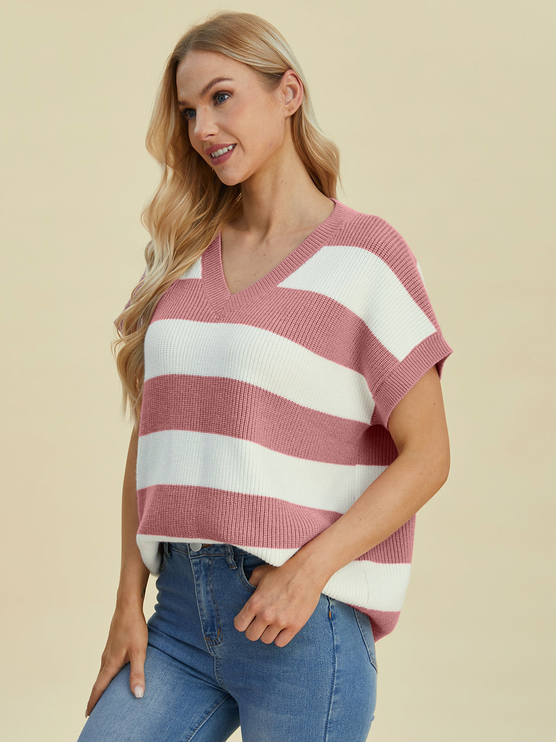 Double Take Full Size Striped V-Neck Short Sleeve Sweater - Pahabu - Women's Clothing & Shop