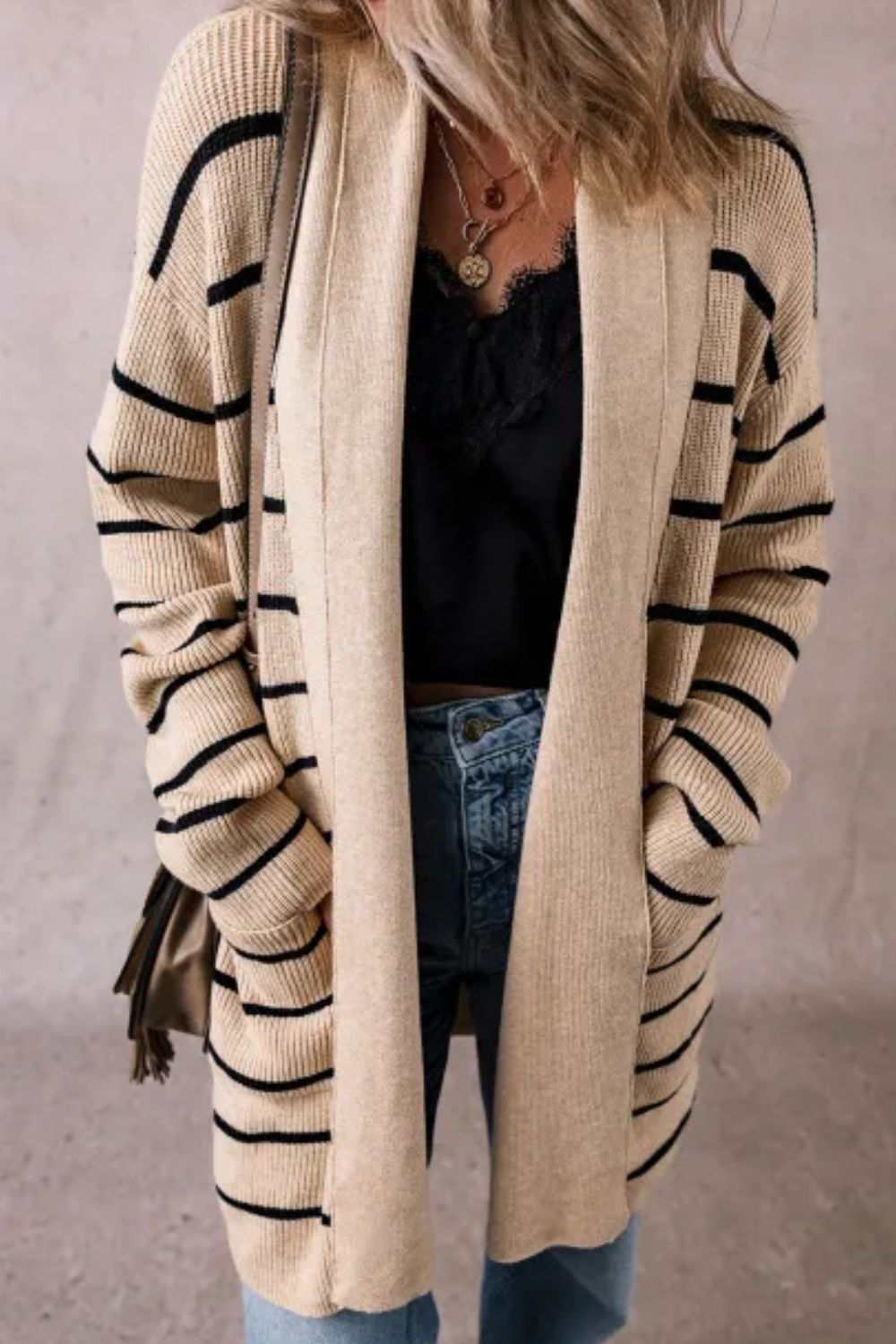Striped Open Front Long Sleeve Cardigan - Pahabu - Women's Clothing & Shop