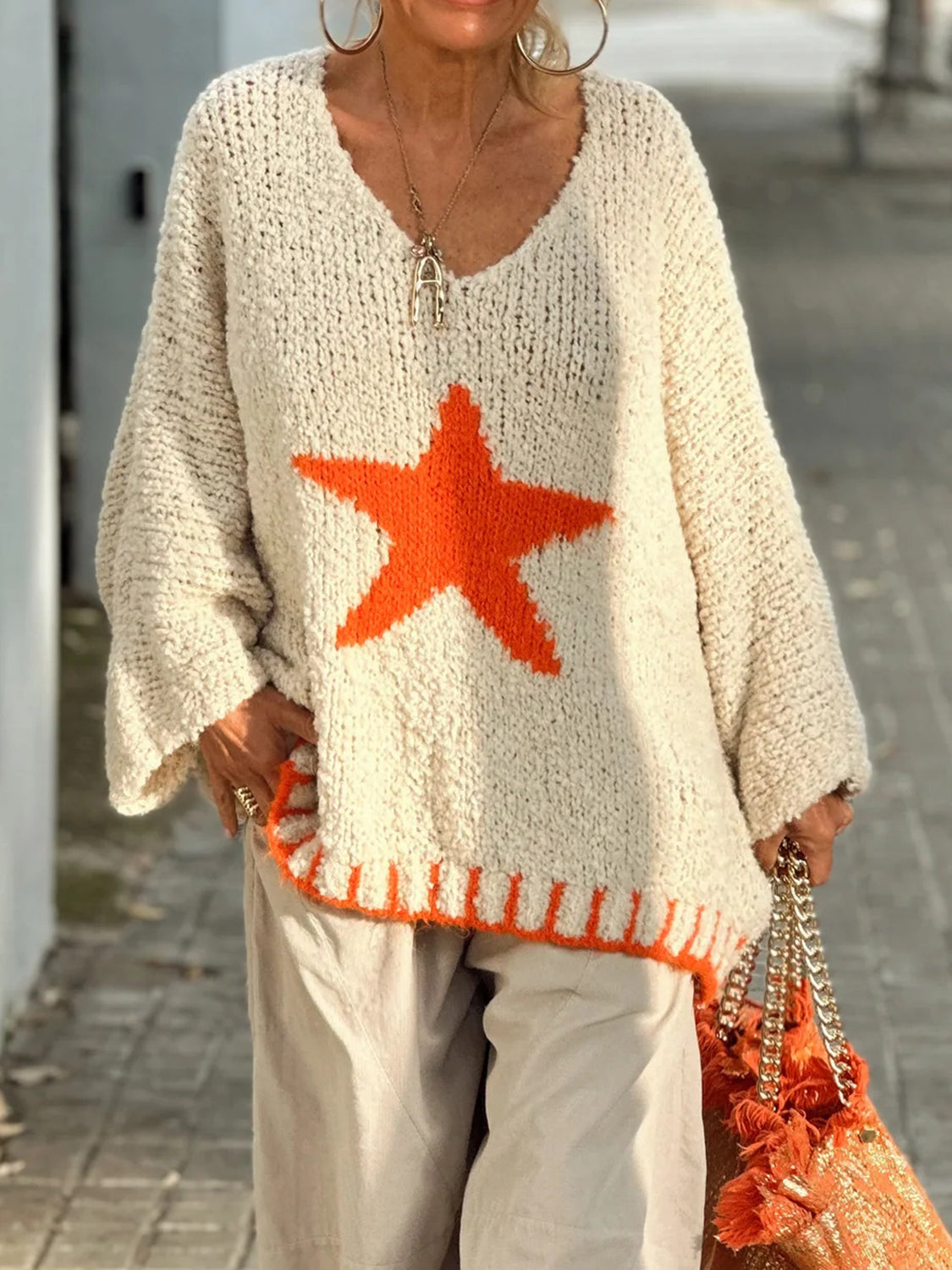 Star V-Neck Long Sleeve Oversize Sweater - Pahabu - Women's Clothing & Shop