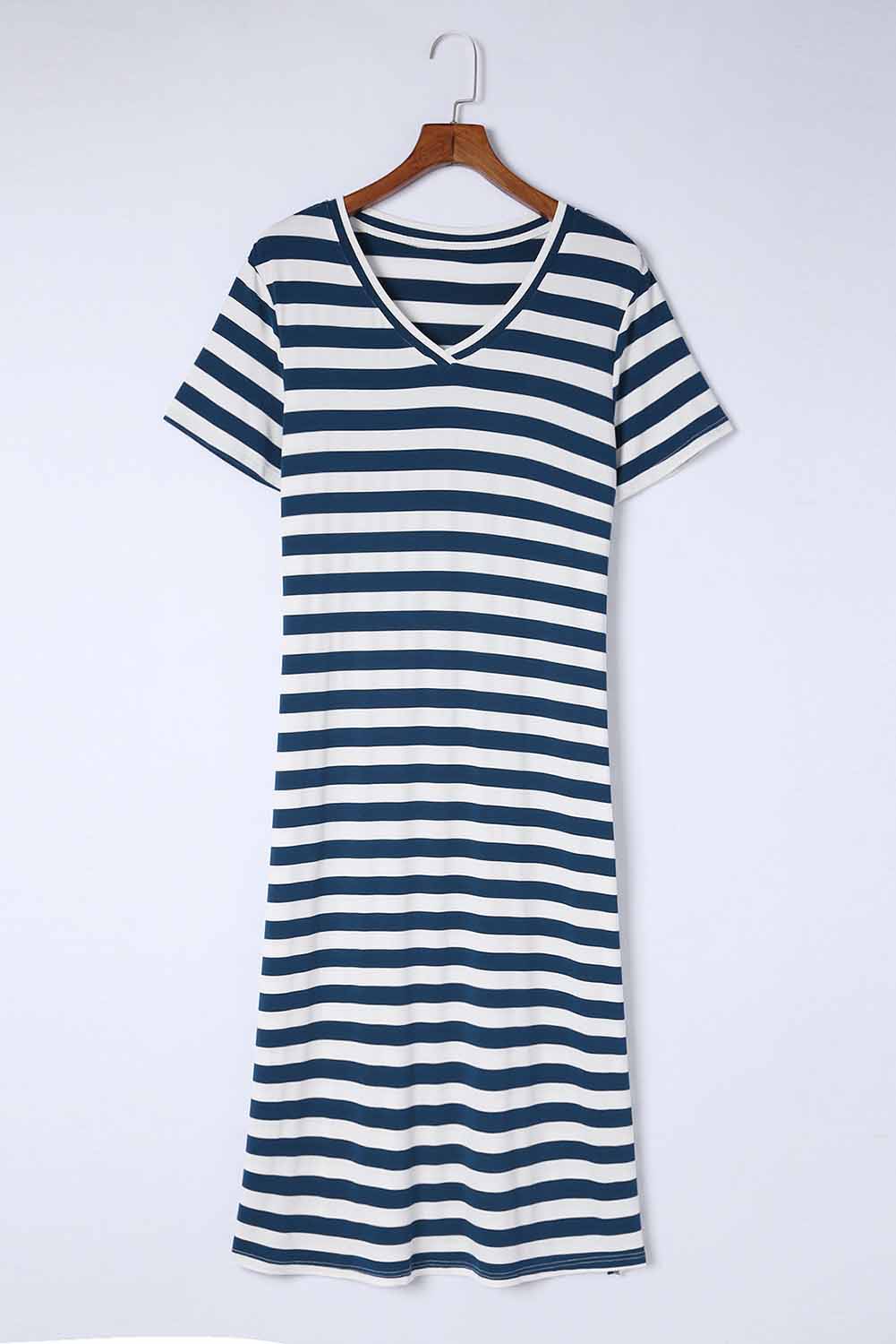 Striped V-Neck Short Sleeve Side Slit Dress - Pahabu - Women's Clothing & Shop