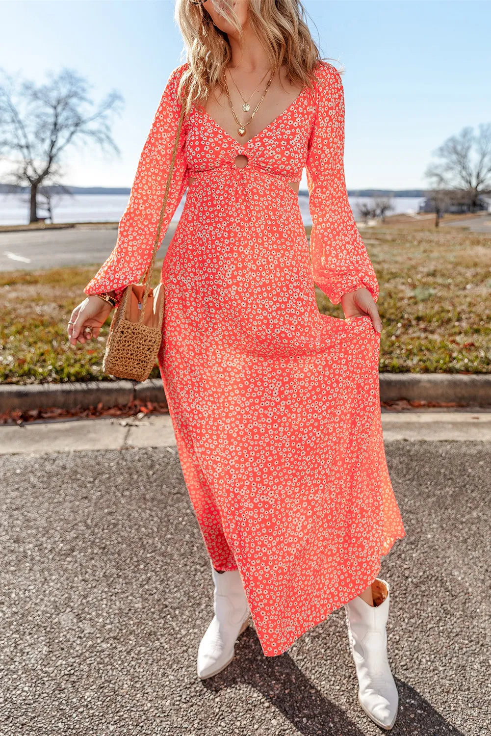 Printed V-Neck Long Sleeve Midi Dress - Pahabu - Women's Clothing & Shop