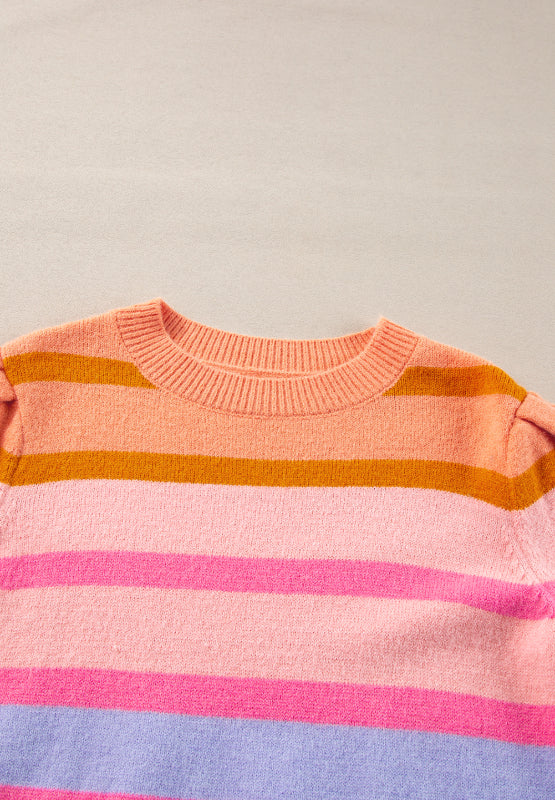 Striped Round Neck Half Sleeve Sweater - Pahabu - Women's Clothing & Shop