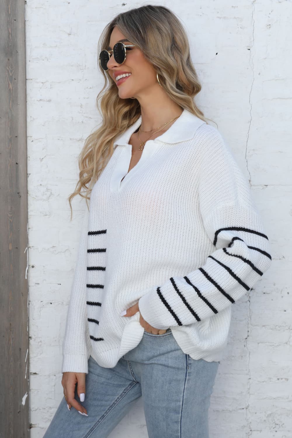 Ribbed Notched Neck Striped Long Sleeve Sweater - Pahabu - Women's Clothing & Shop