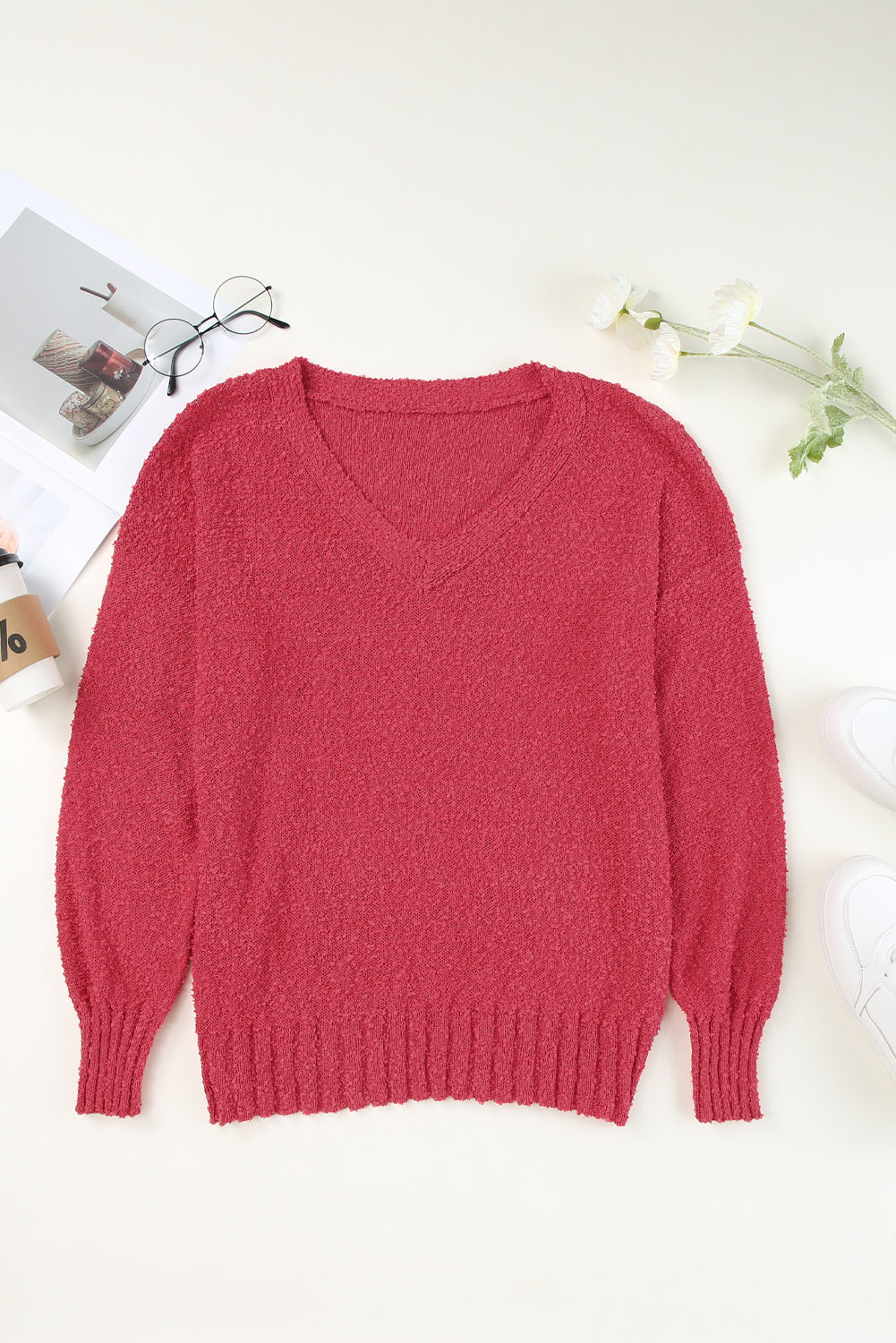 V-Neck Drop Shoulder Slit Sweater - Pahabu - Women's Clothing & Shop