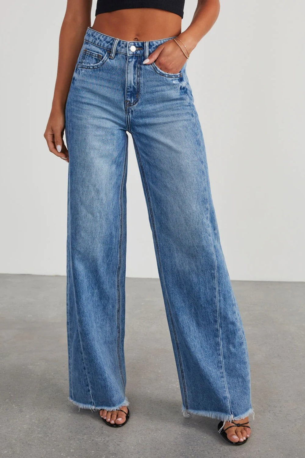 Raw Hem Wide Leg Jeans with Pockets - Pahabu - Women's Clothing & Shop