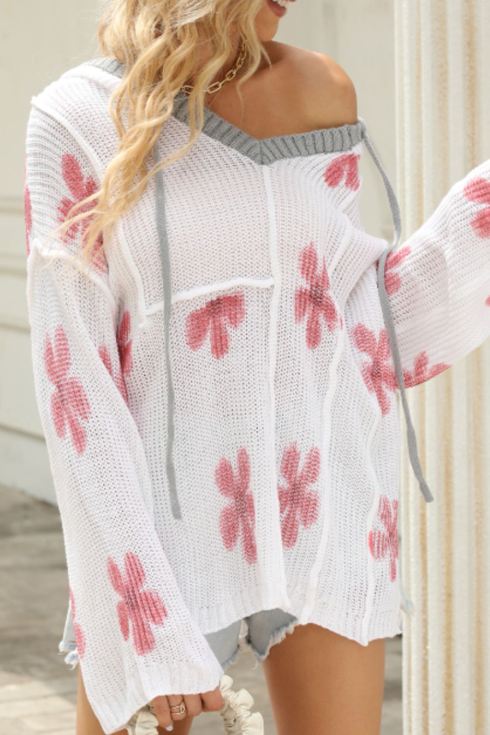 Drawstring Flower Hooded Knit Top - Pahabu - Women's Clothing & Shop