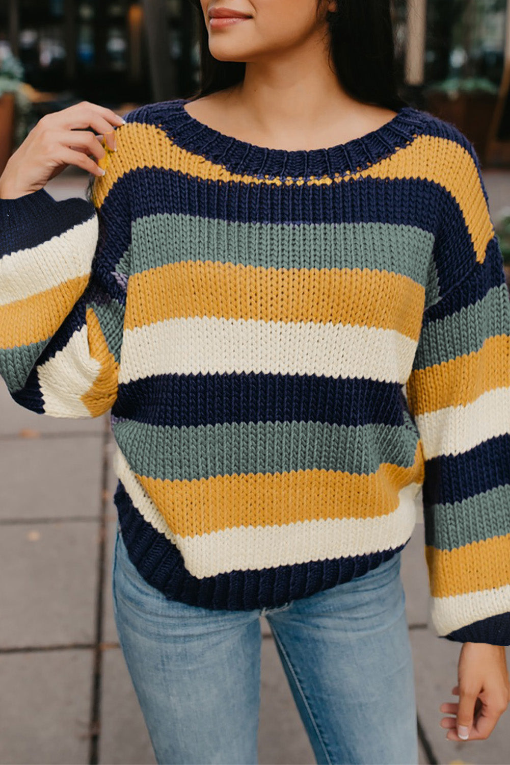 Color Block Round Neck Dropped Shoulder Sweater - Pahabu - Women's Clothing & Shop