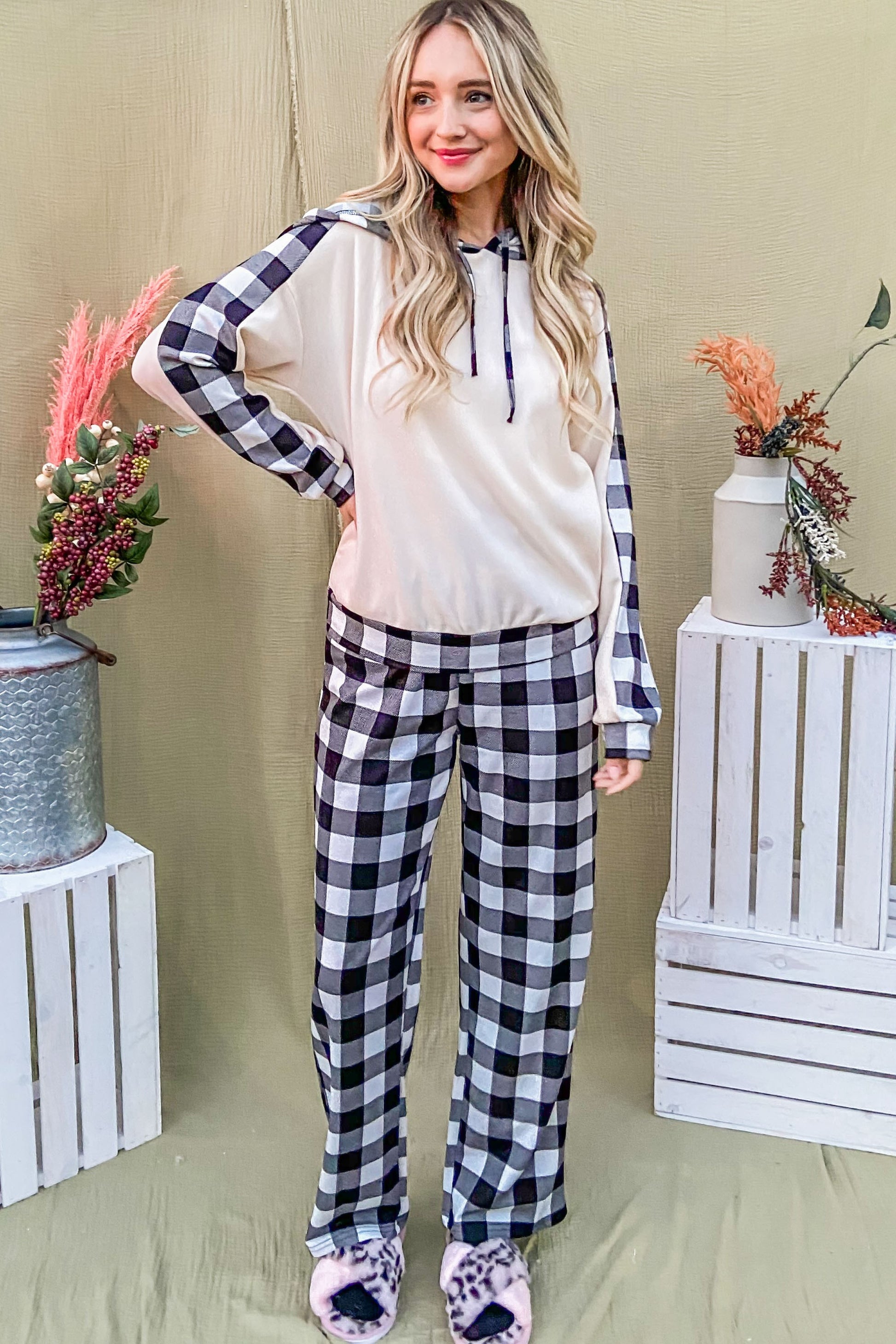 And The Why Drawstring Hooded Top and Plaid Pants Lounge Set