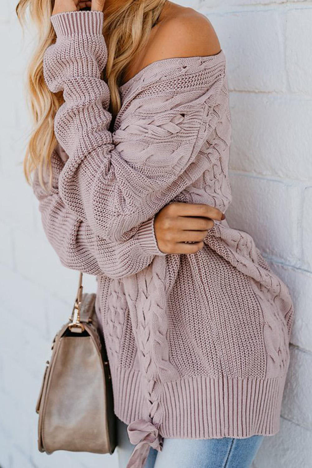 Cable Knit Lace Up V-Neck Sweater - Pahabu - Women's Clothing & Shop