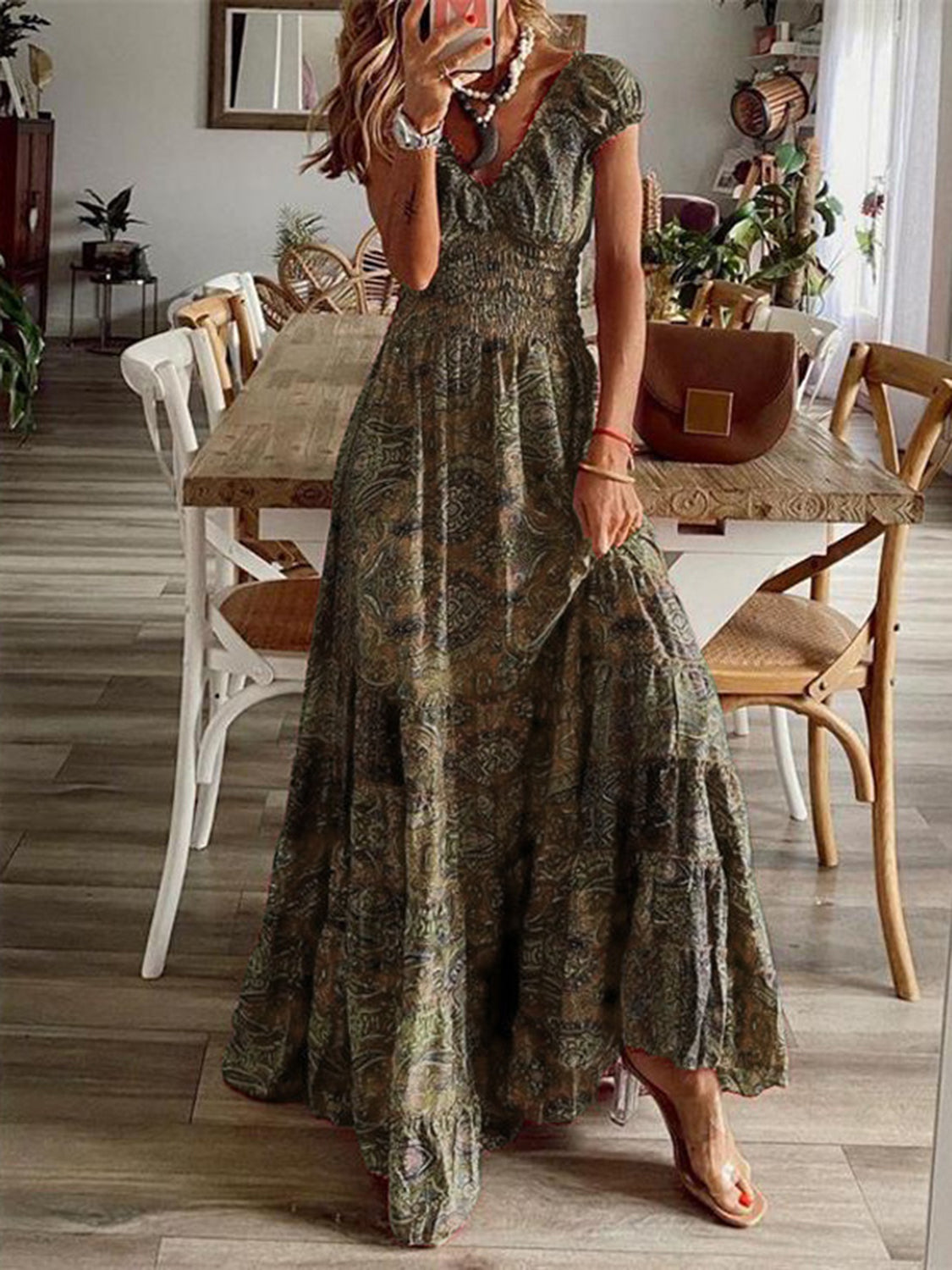 Full Size Smocked Printed V-Neck Short Sleeve Dress - Pahabu - Women's Clothing & Shop