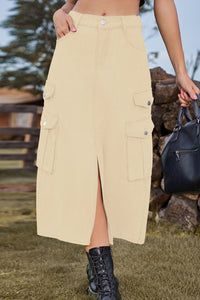 Slit Front Midi Denim Skirt with Pockets - Pahabu - Women's Clothing & Shop