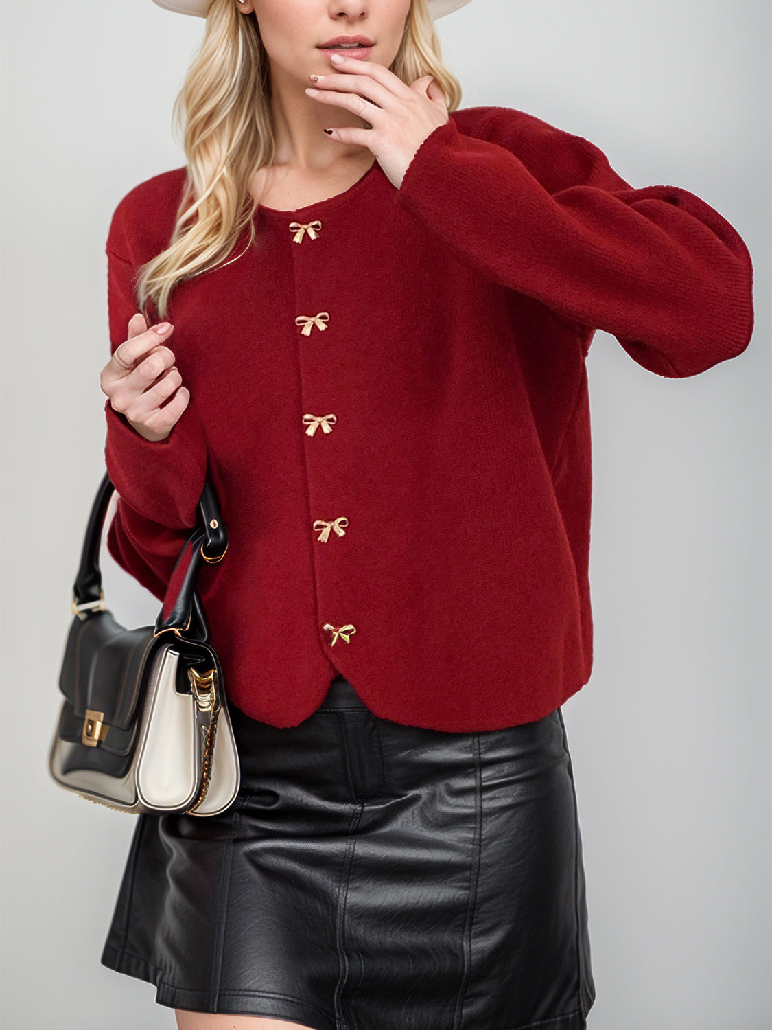 Bow Button Down Round Neck Long Sleeve Cardigan - Pahabu - Women's Clothing & Shop