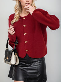 Bow Button Down Round Neck Long Sleeve Cardigan - Pahabu - Women's Clothing & Shop