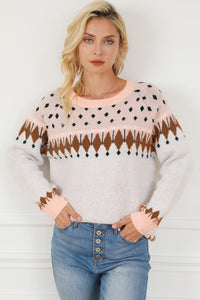Geometric Round Neck Long Sleeve Sweater - Pahabu - Women's Clothing & Shop