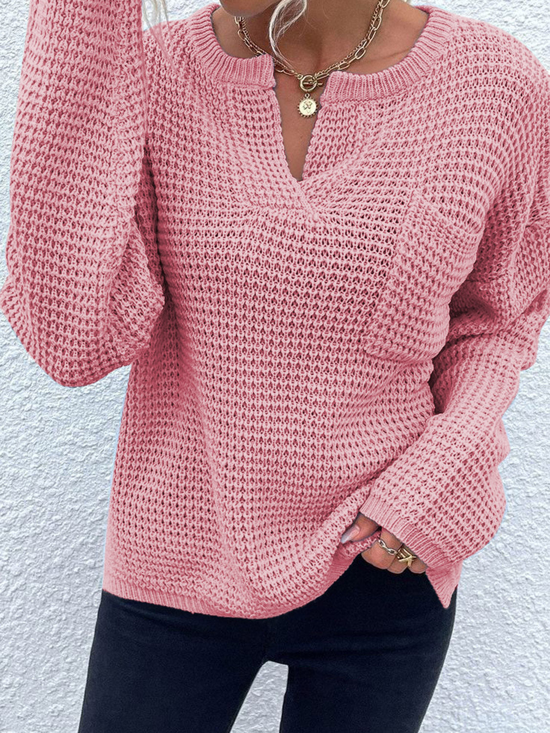 Notched Long Sleeve Sweater - Pahabu - Women's Clothing & Shop