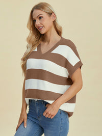 Double Take Full Size Striped V-Neck Short Sleeve Sweater - Pahabu - Women's Clothing & Shop