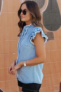 Raw Hem Button Up Cap Sleeve Denim Top - Pahabu - Women's Clothing & Shop