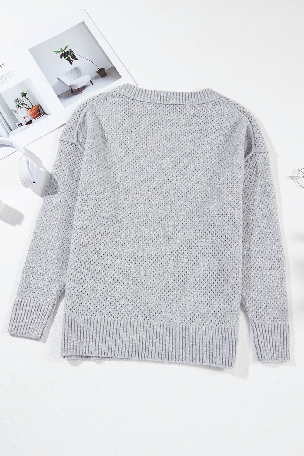 Openwork V-Neck Dropped Shoulder Sweater - Pahabu - Women's Clothing & Shop