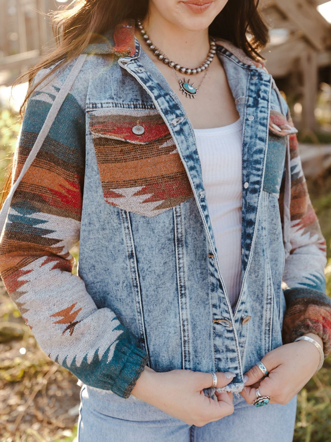 Raw Hem Geometric Hooded Denim Jacket - Pahabu - Women's Clothing & Shop