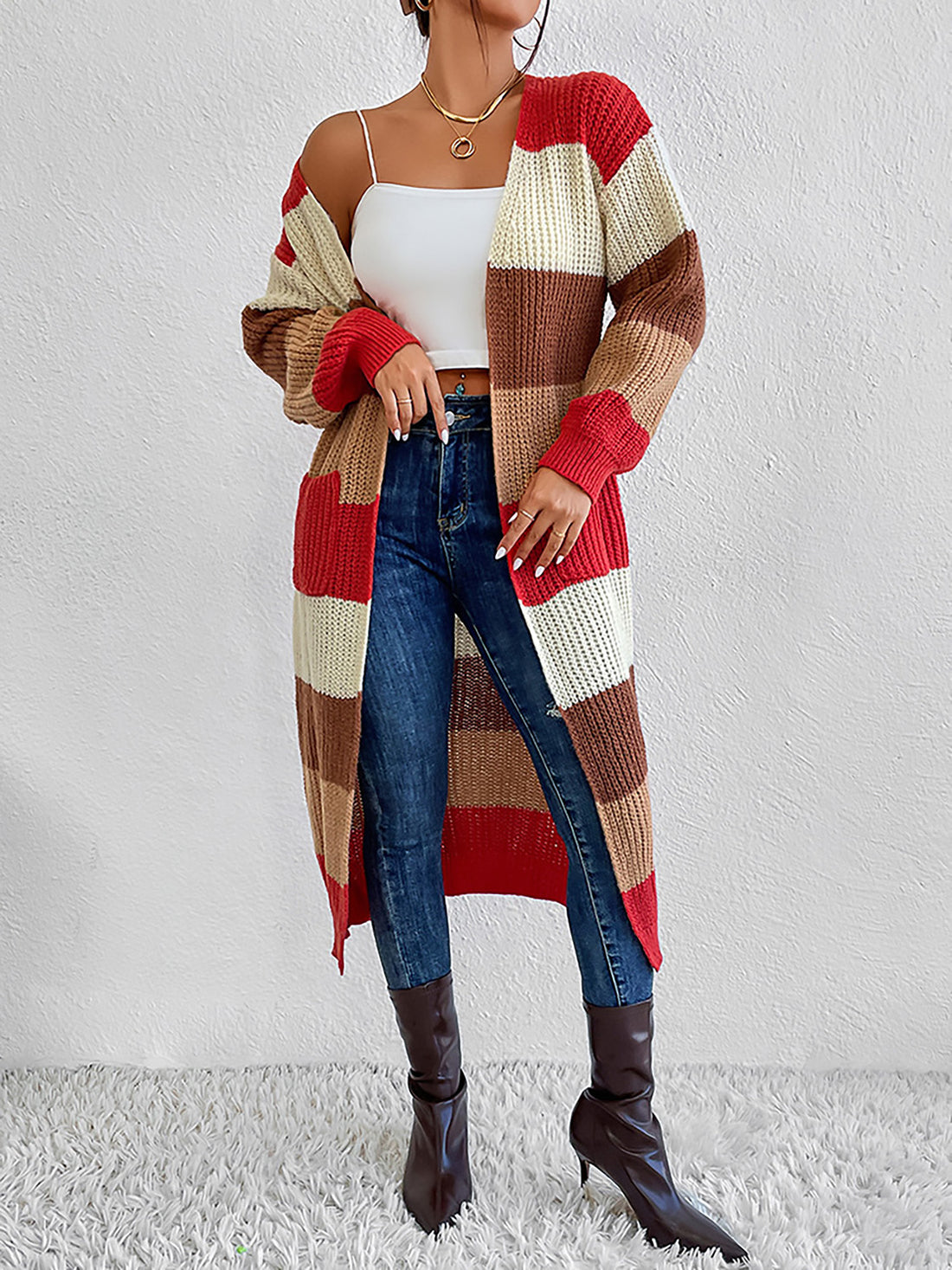 Color Block Open Front Longline Cardigan - Pahabu - Women's Clothing & Shop