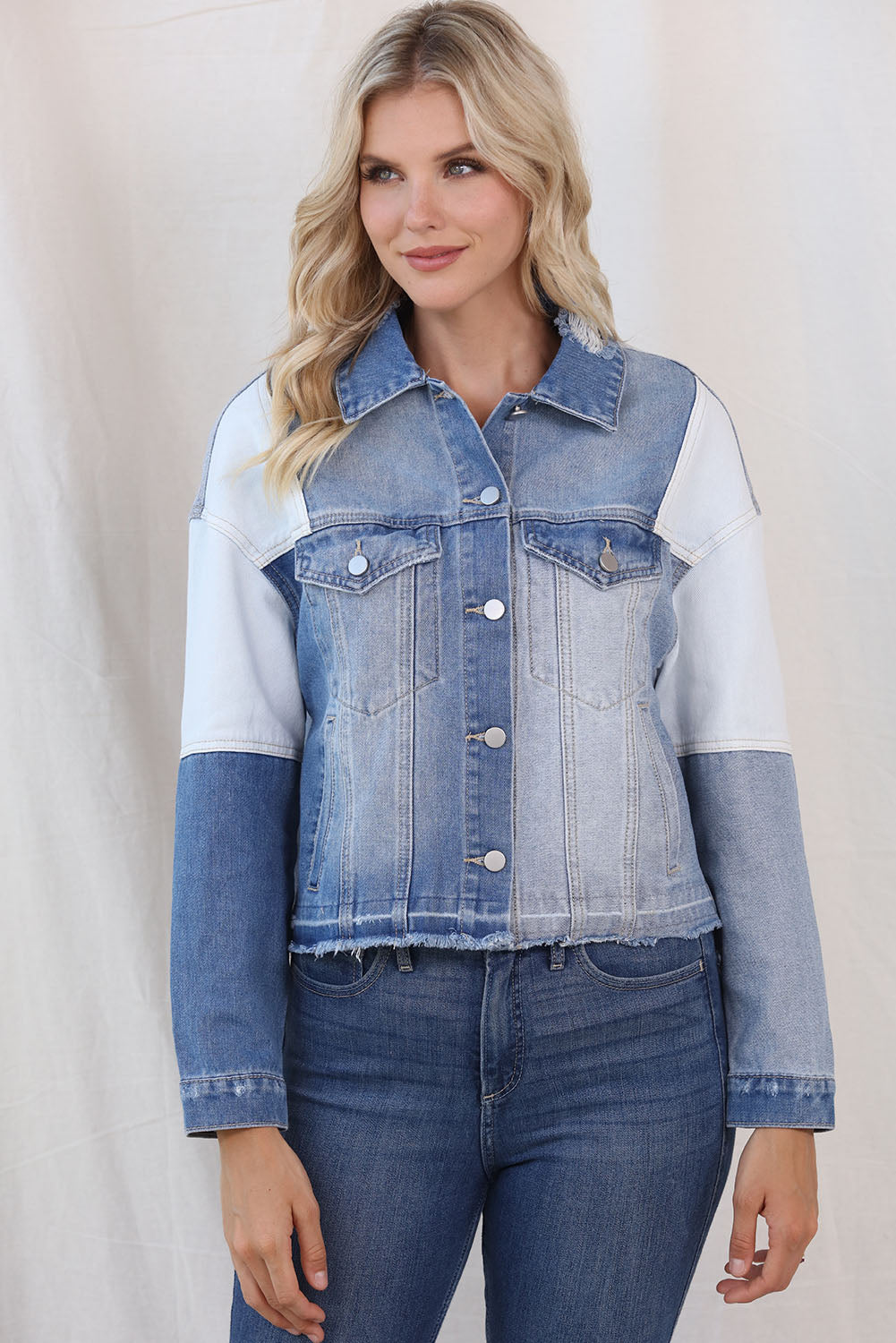 Color Block Distressed Button Up Denim Jacket - Pahabu - Women's Clothing & Shop