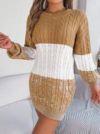 Cable-Knit Round Neck Color Block Sweater Dress - Pahabu - Women's Clothing & Shop