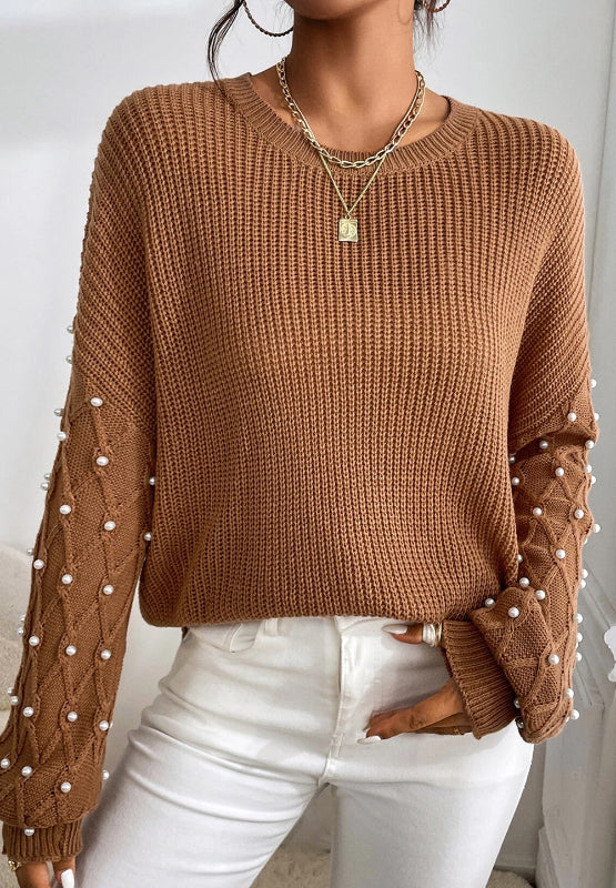 Pearl Detail Round Neck Long Sleeve Sweater - Pahabu - Women's Clothing & Shop