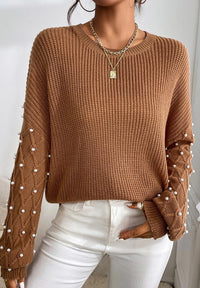 Pearl Detail Round Neck Long Sleeve Sweater - Pahabu - Women's Clothing & Shop