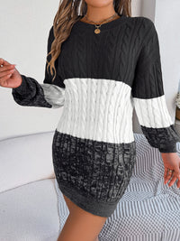 Cable-Knit Round Neck Color Block Sweater Dress - Pahabu - Women's Clothing & Shop