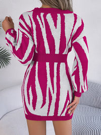 Animal Print V-Neck Long Sleeve Sweater Dress - Pahabu - Women's Clothing & Shop