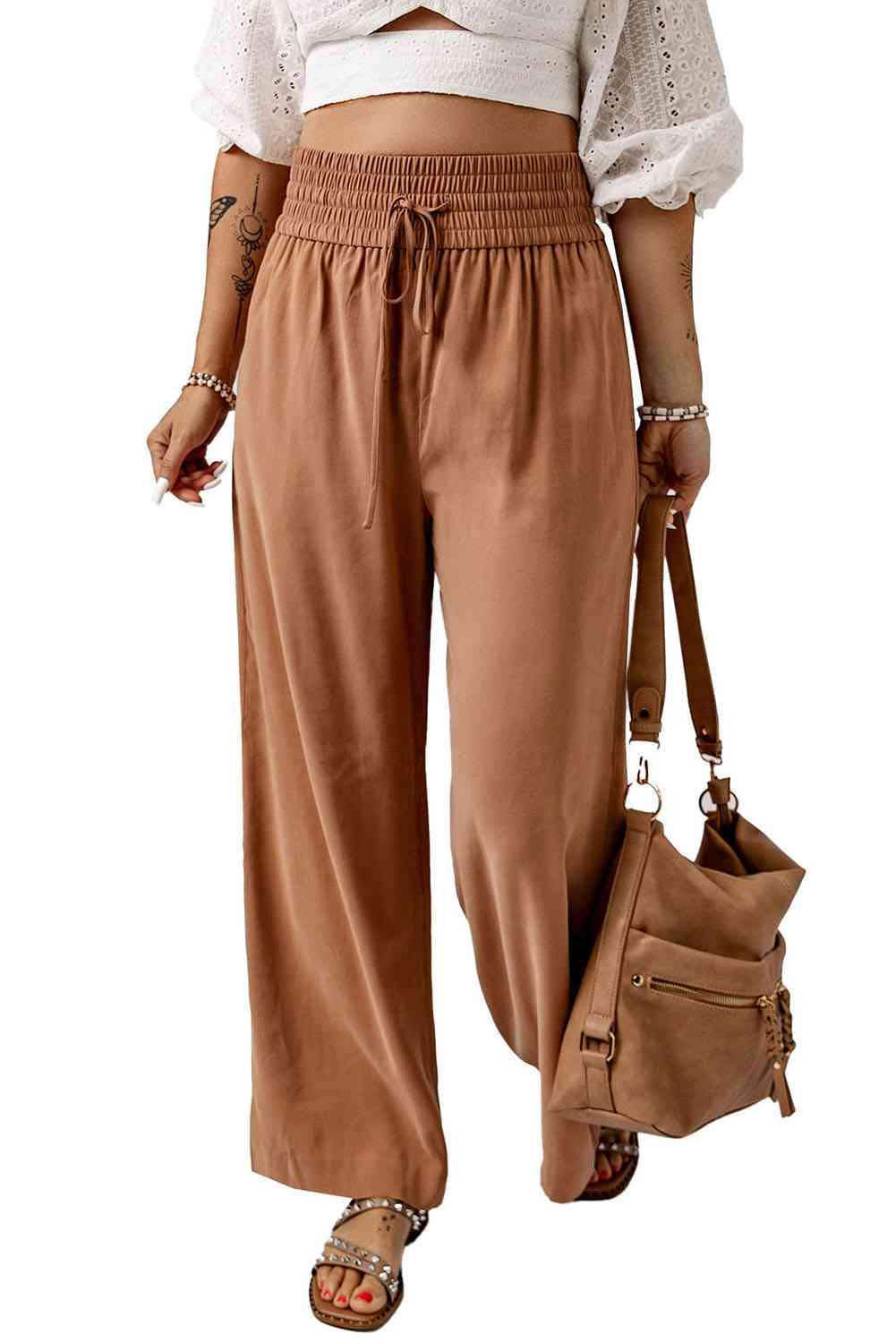 Drawstring Smocked Waist Wide Leg Pants - Pahabu - Women's Clothing & Shop