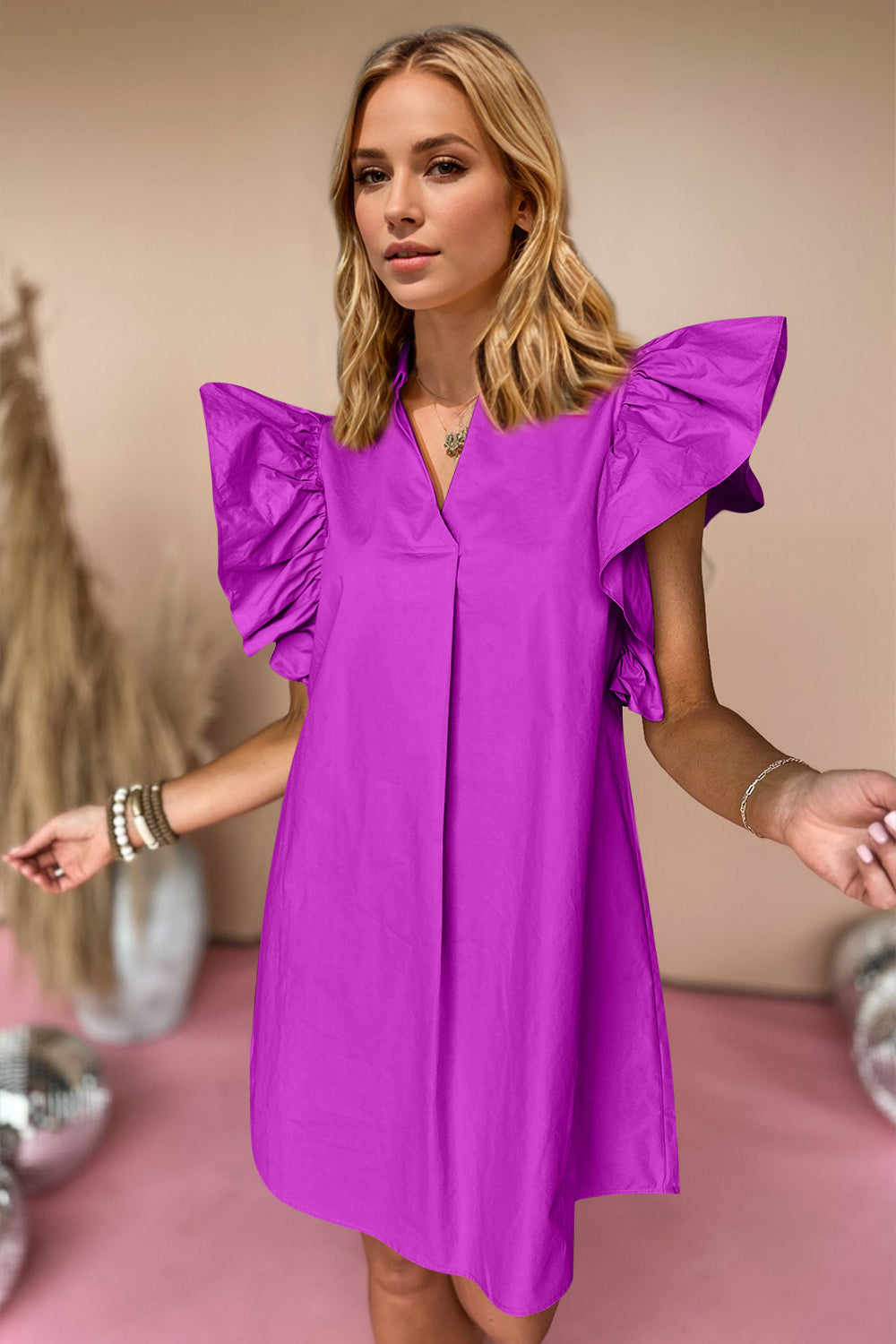 Oh Ruched Johnny Collar Cap Sleeve Mini Dress - Pahabu - Women's Clothing & Shop