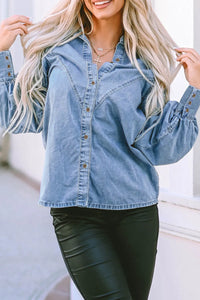 Collared Neck Lantern Sleeve Denim Top - Pahabu - Women's Clothing & Shop