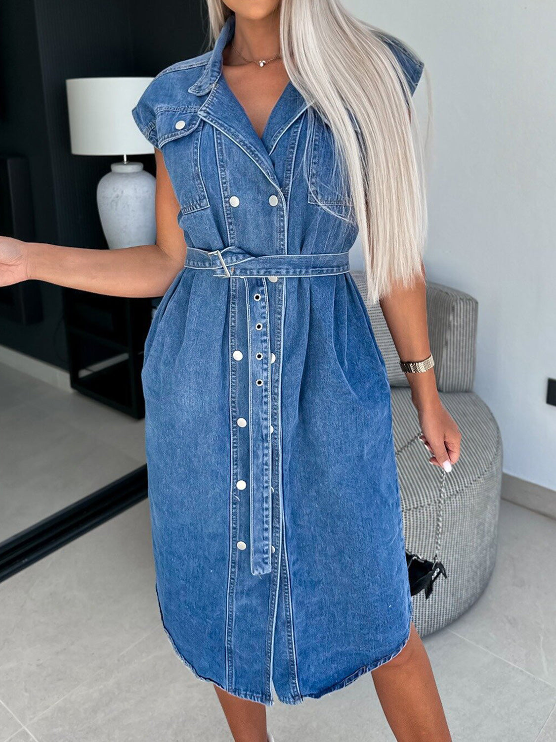 Collared Neck Cap Sleeve Denim Dress - Pahabu - Women's Clothing & Shop