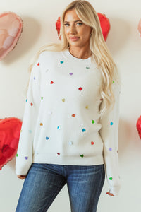 Heart Sequin Round Neck Long Sleeve Sweater - Pahabu - Women's Clothing & Shop