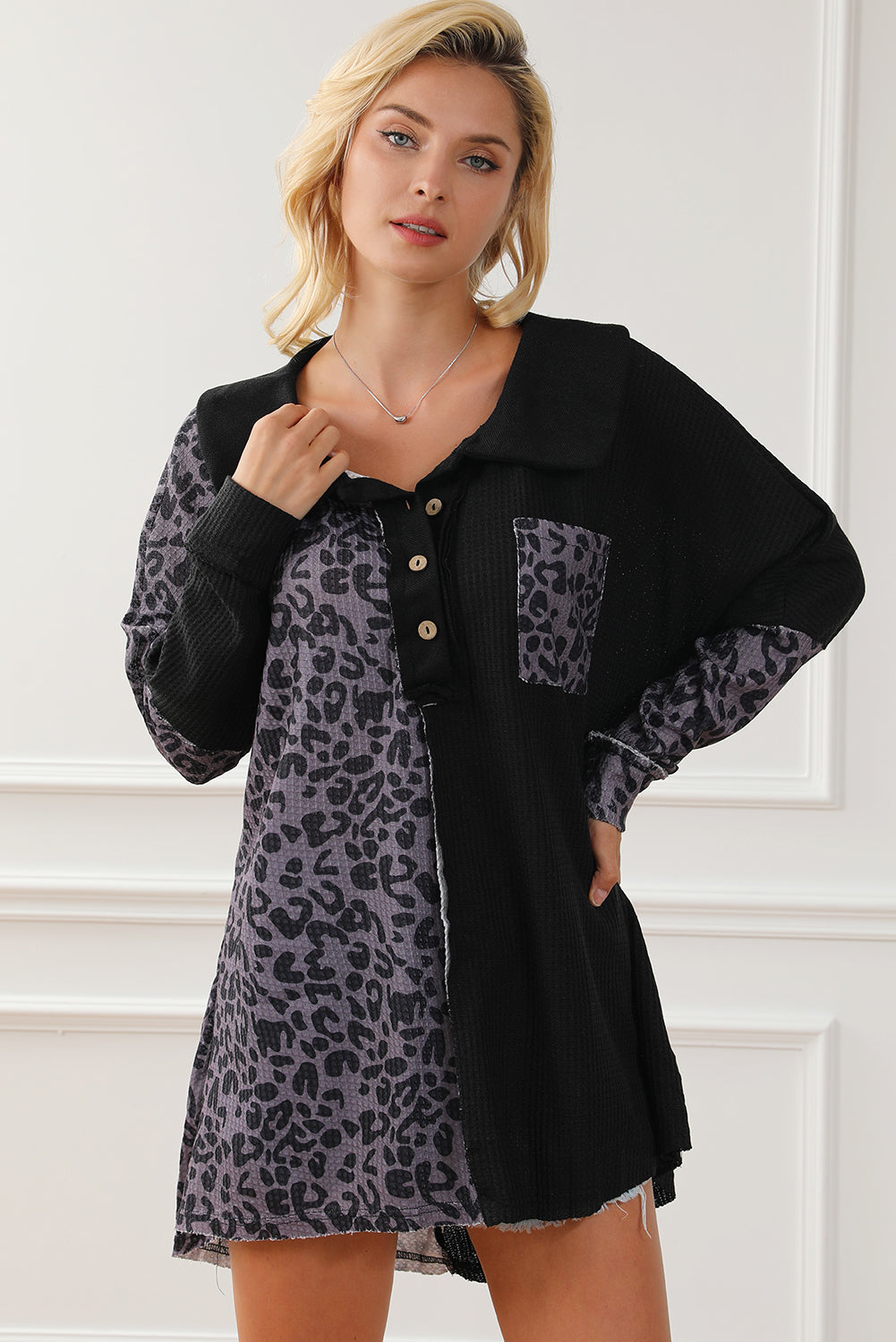 Half Button Leopard Collared Neck Blouse - Pahabu - Women's Clothing & Shop