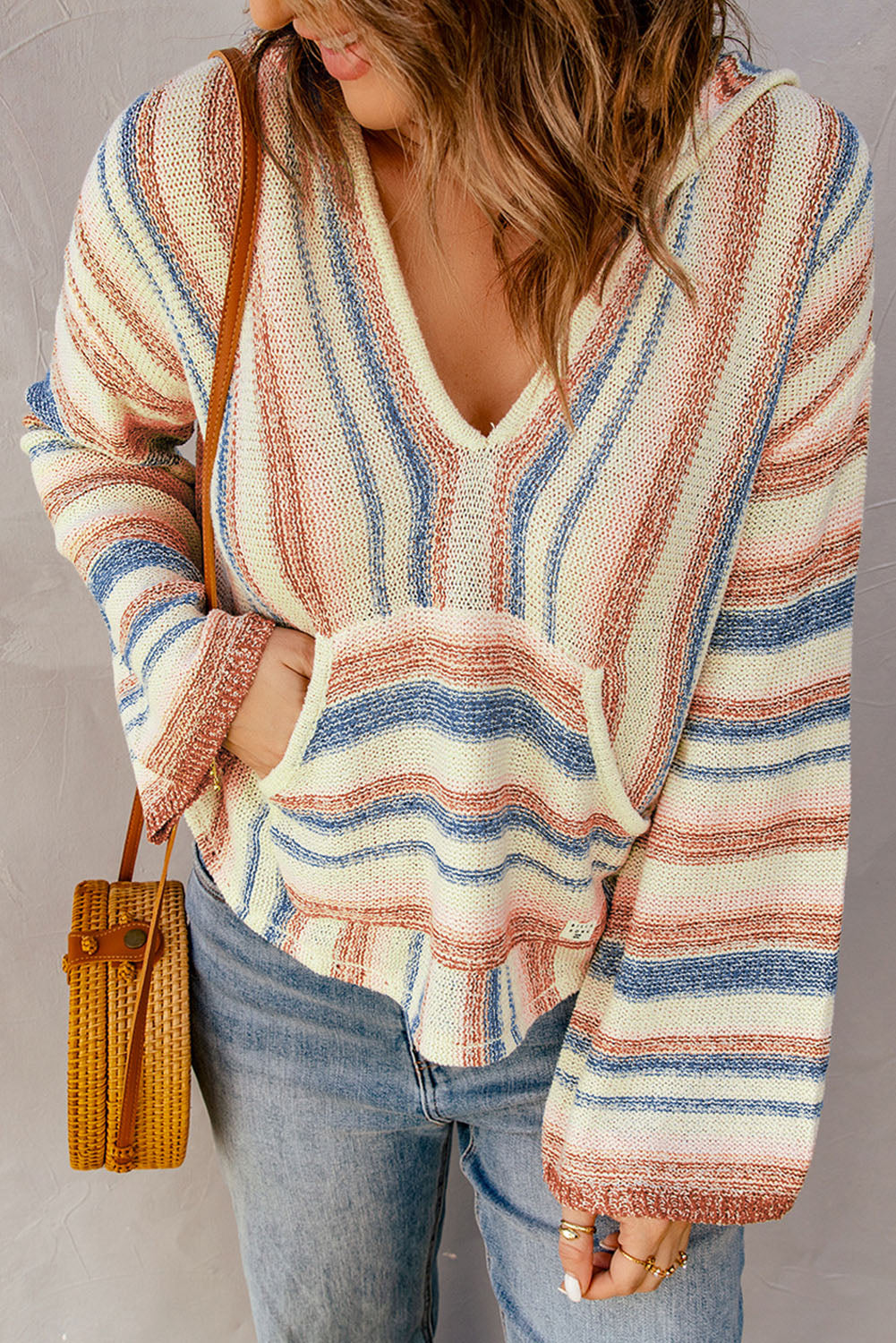 Striped Hooded Sweater with Kangaroo Pocket - Pahabu - Women's Clothing & Shop