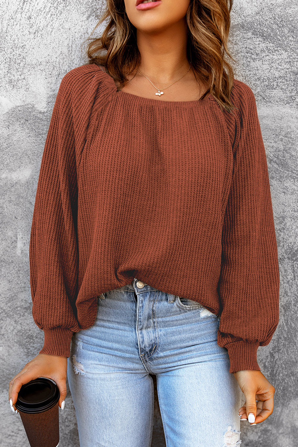 Square Neck Waffle-Knit Top - Pahabu - Women's Clothing & Shop
